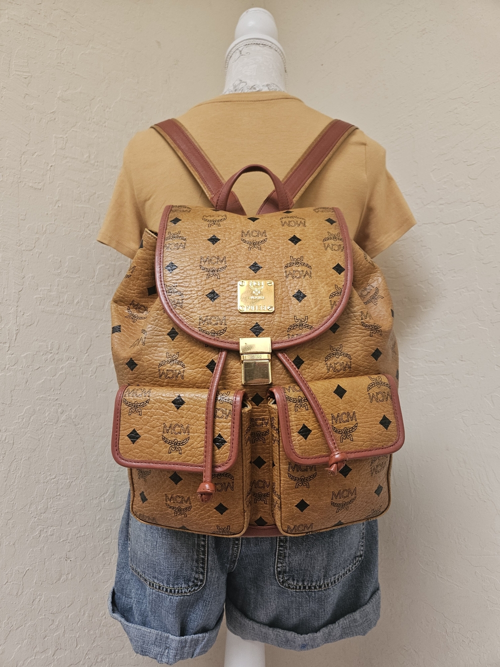 MCM Cognac Monogram Medium Backpack Vintage AUTHENTIC